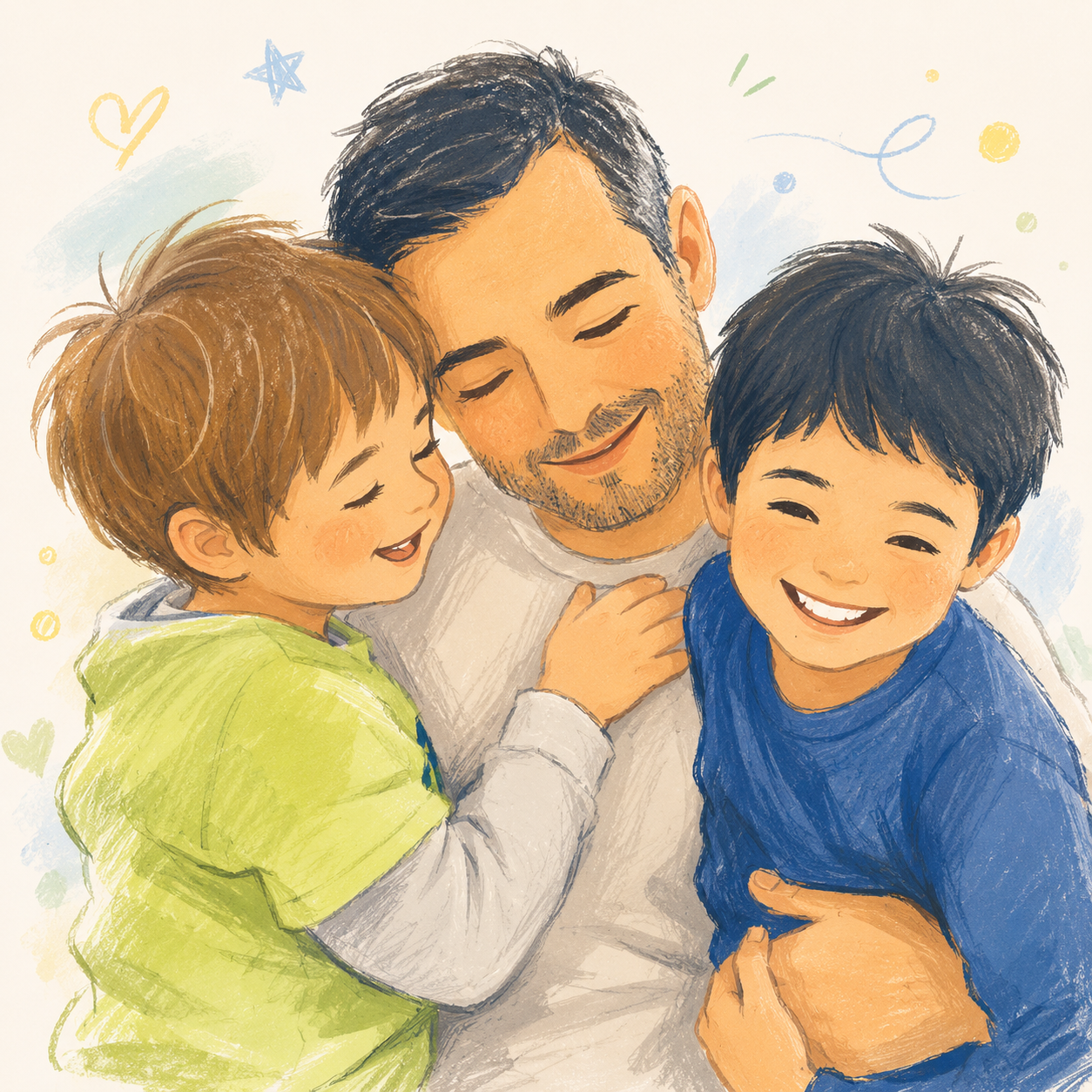 Ilustración de Rafael con sus dos hijos, Biel y Genís, abrazados